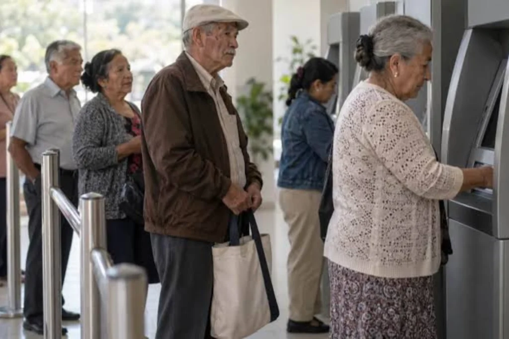 Pensionistas haciendo cola en cajero automático para cobrar
