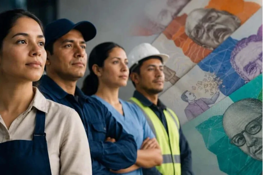 Trabajadores de distintas profesiones en fila