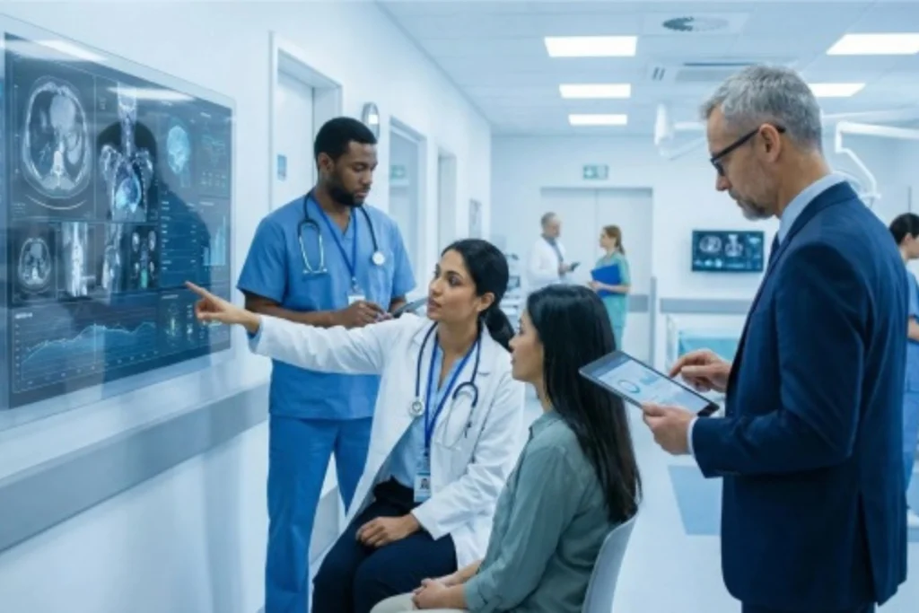 Una inteligencia artificial puede estimar el riesgo de muerte en pacientes con cáncer a partir de una foto Paciente junto a médicos mirando una pantalla con IA