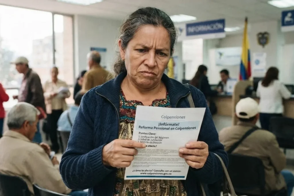 Mujer mayor revisando un papel en una oficina de pensiones
